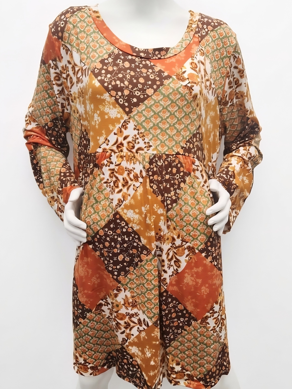 Plus Size Haptics Fall Patchwork Print Long Sleeve Dress in Brown & Orange 3x